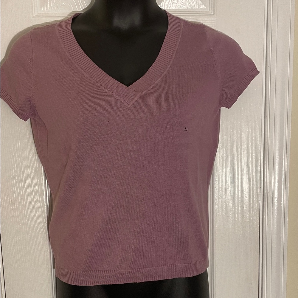V-Neck Short Sleeve Knit Top - Dusty Mauve/ Lavender